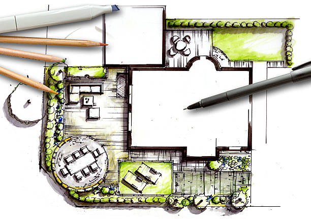 Garden planning Garden planning - hand-drawn design of a formal garden standort stock pictures, royalty-free photos & images