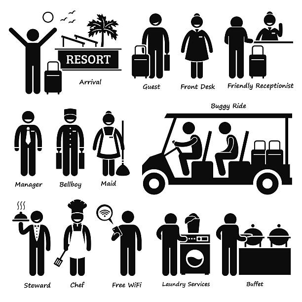 Resort Villa Hotel Tourist Worker and Services Pictogram A set of human pictogram representing the workers in a resort villa. They are the receptionist, manager, bellboy, maid, steward, and chef. Services in the villa hotel include buggy ride, laundry, and dining buffet. guest stock illustrations