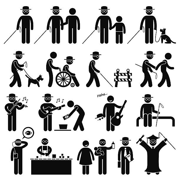 Blind Man Handicap Stick Figure Pictogram Icons A set of human pictogram representing blind man with the help of man, kid, dog, stick, and technology. He also gets money from donation by playing music on the street. He has a job, and family too. He is graduated and got a degree too. help blind people stock illustrations