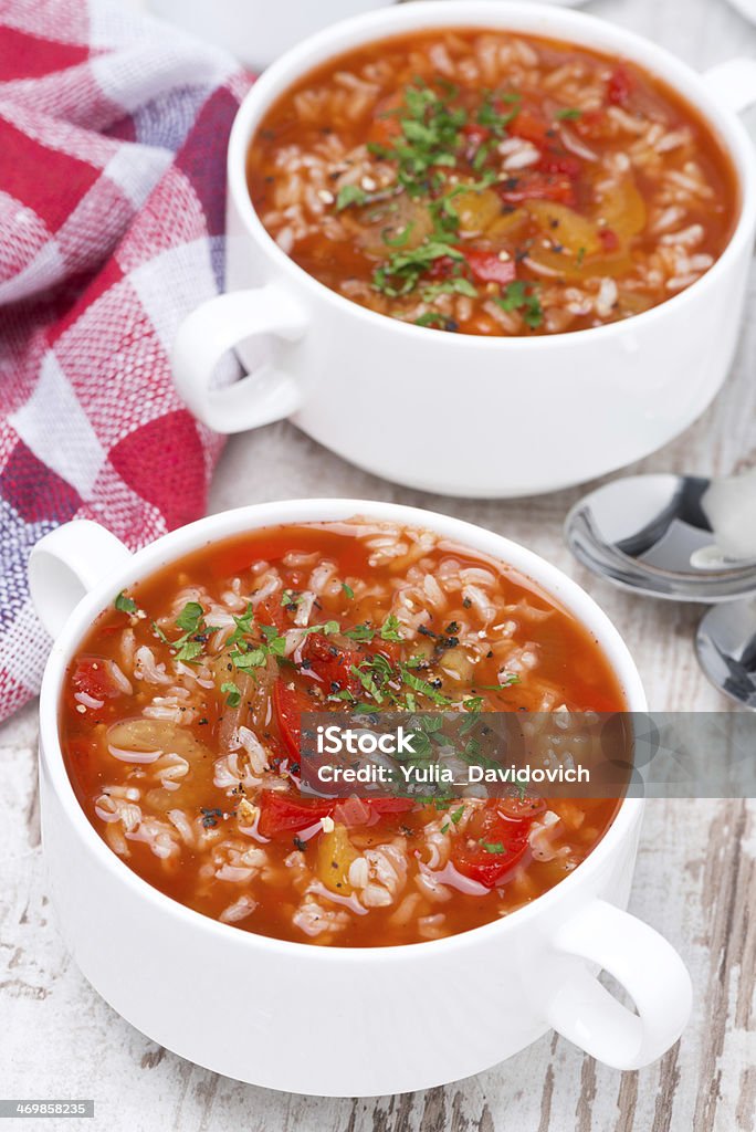 tomato soup with rice and vegetables, top view tomato soup with rice and vegetables, top view, vertical Appetizer Stock Photo