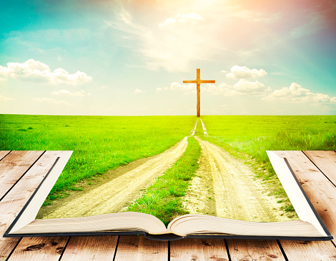 Open book with grass and a way walking towards a cross