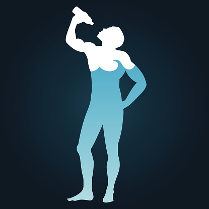 Man drinking water. The silhouette of the human body, which consists of water. Design concept
