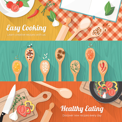 Food and cooking banner set with kitchenware utensils, spices and vegetables on wooden table worktop