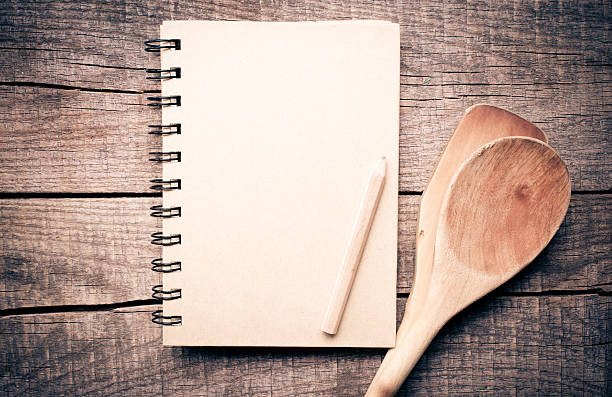 istock Old recipe notebook, spoons on wood background 469865293