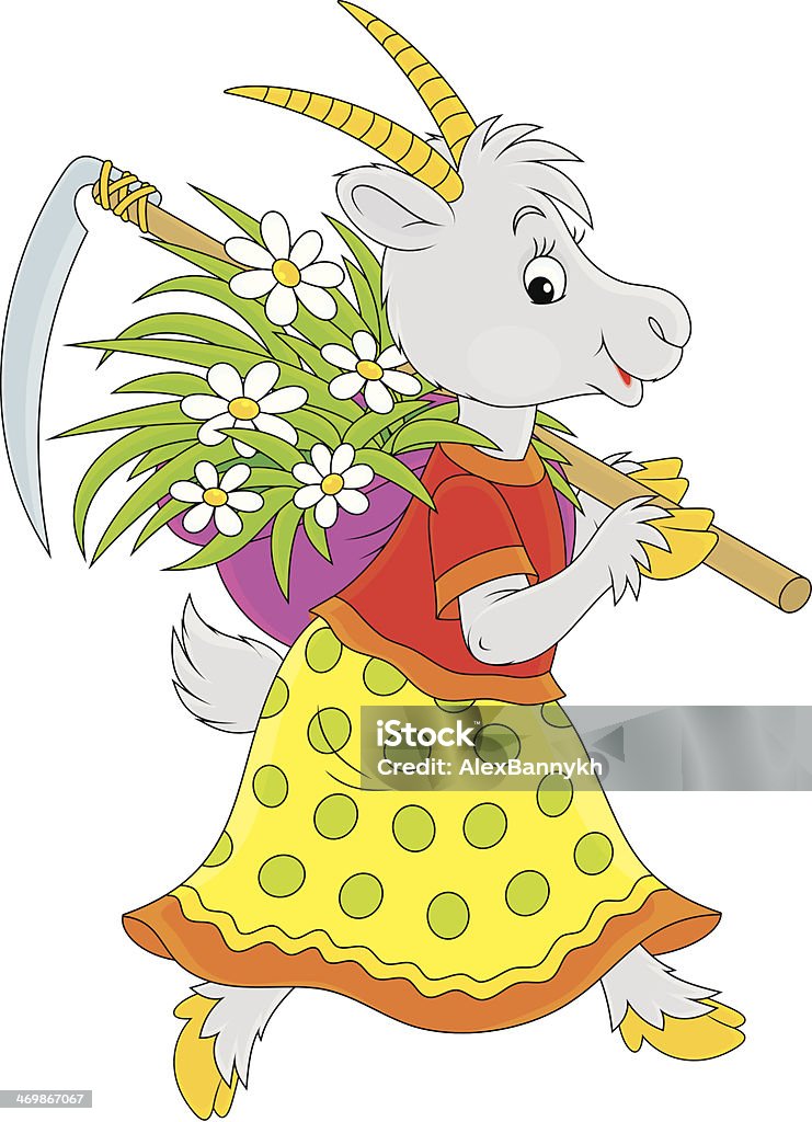 Goat Goat going with a scythe and wisp of straw with flowers Drawing - Art Product stock vector