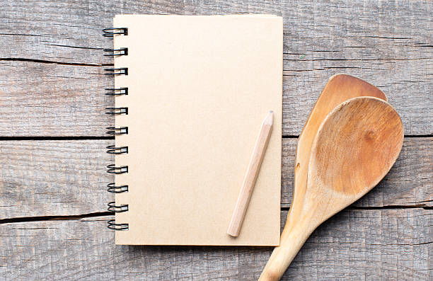 istock Old recipe notebook, spoons on wood background 469868163