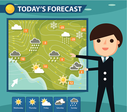 A weatherman presenting weather forecast. Zip contains AI and hi-res jpeg.