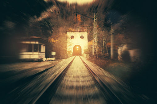 Railroad in motion. Stock photo.