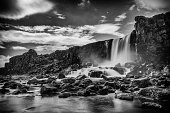 Oxararfoss waterfall in Iceland in black and white