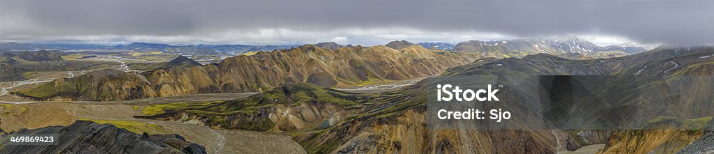 Landmannalaugar mountain view panorama High angle panoramic view of the colorful mountains around the Landmannalaugar area in Iceland. The Landmannalaugar area is a popular tourist destination and hiking hub in Iceland's highlands. Iceland Stock Photo