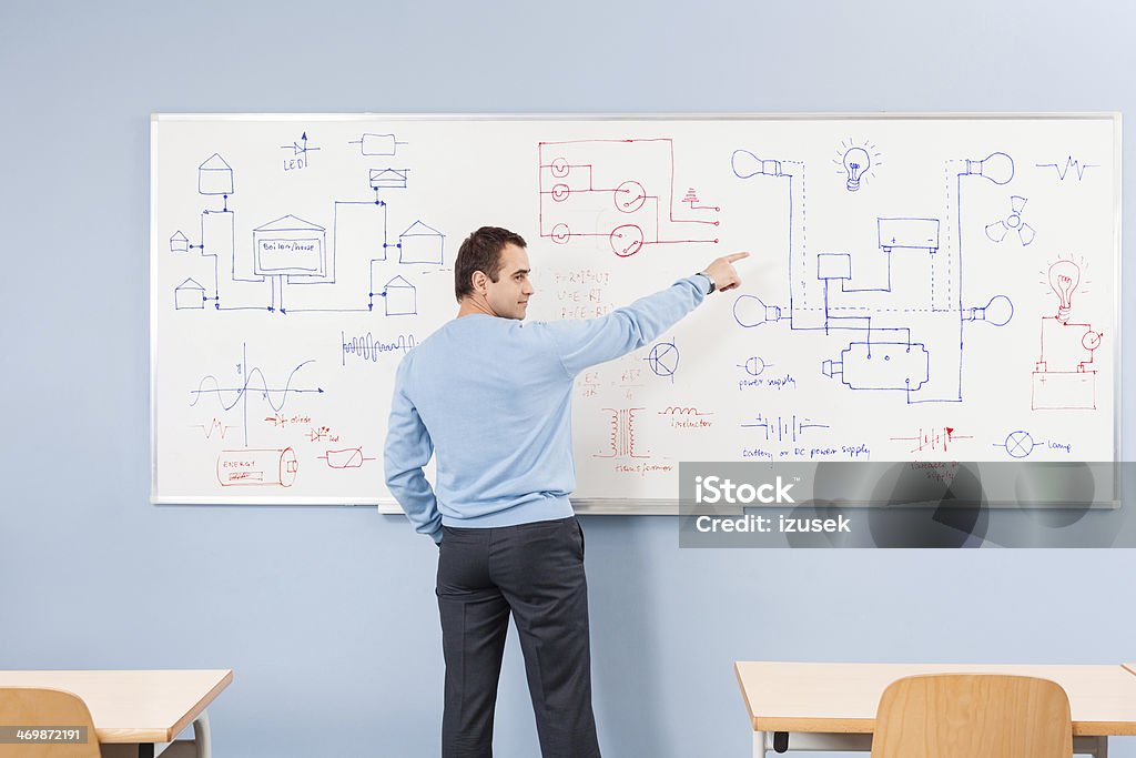 Teacher Portrait of male teacher pointing at diagrams technical systems drawn on whiteboard. Back view. Teacher Stock Photo