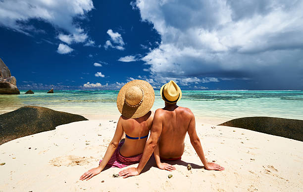 istock Couple on a beach at Seychelles 469872284