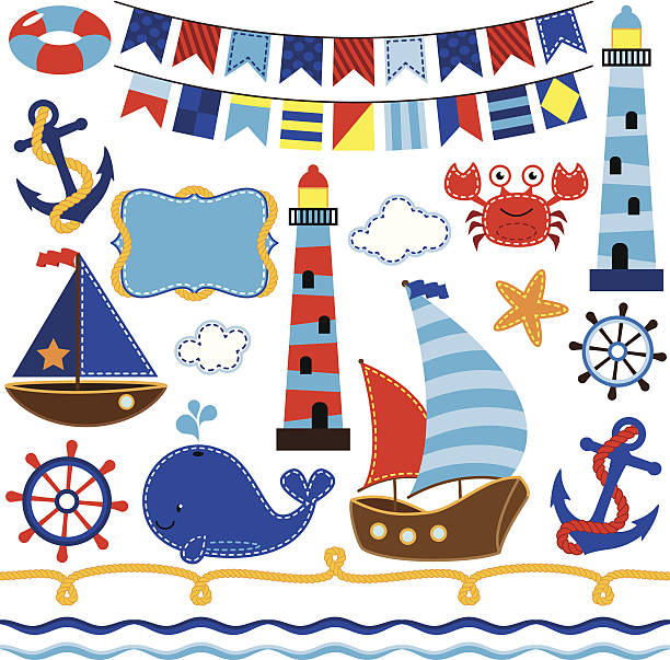 ilustraciones, imágenes clip art, dibujos animados e iconos de stock de vector colección de elementos de temática náutica y navegación a vela - storm pirate sea nautical vessel