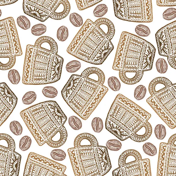 Vector illustration of Coffee Theme Ethnic Seamless Pattern