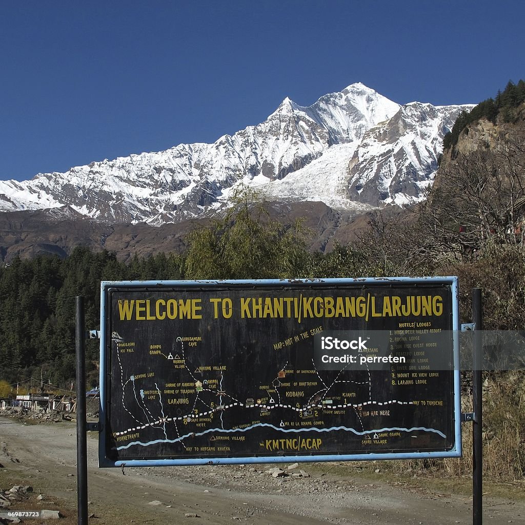 Dhaulagiri and signboard Sevent highest peak of the world and map with trekking routes. Annapurna Conservation Area Stock Photo