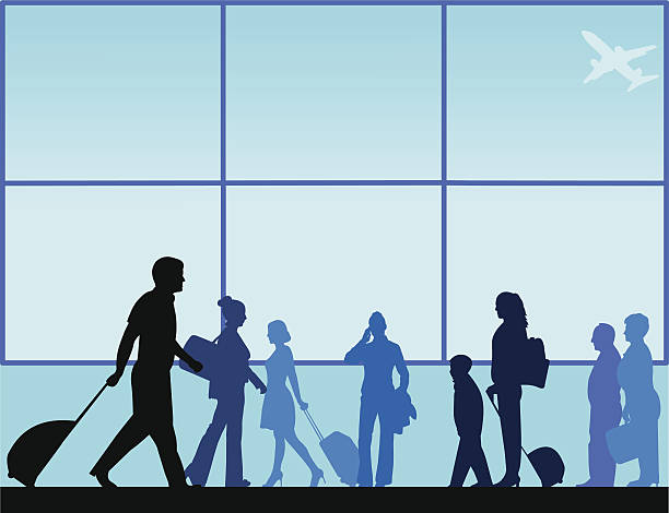 승객은 수하물 공항 라운지 - vector blue airport arrival departure board stock illustrations