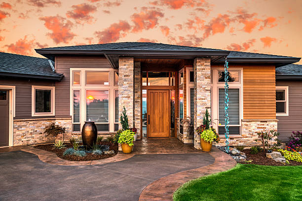 istock Beautiful Home Exterior at Sunset with Colorful Sky 469875362