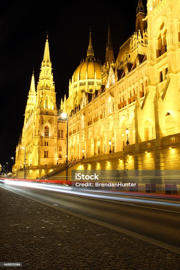 Speeding Past Parliament The Hungarian Parliament Building at night.  2015 Stock Photo