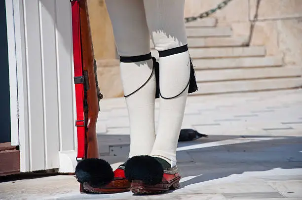Evzones are  the members of the Proedriki Froura (Presidential Guard), an elite ceremonial unit that guards the Greek Parliament and Presidential Mansion.