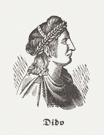 Dido was, according to Greek mythology, the founder and first Queen of Carthage. Wood engraving, published in 1864.