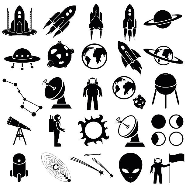 A set of black space-themed icons on white background Space icon set vector collection on white background astronaut silhouettes stock illustrations