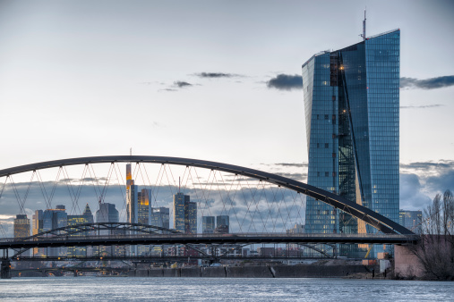 The new European Central Bank (ECB) Building in the East end of Frankfurt in front of the skyline, Germany. February2014.