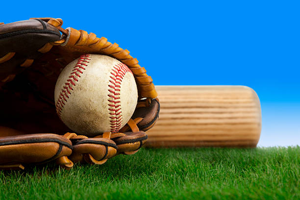 istock Baseball, glove and bat on grass field 469878743