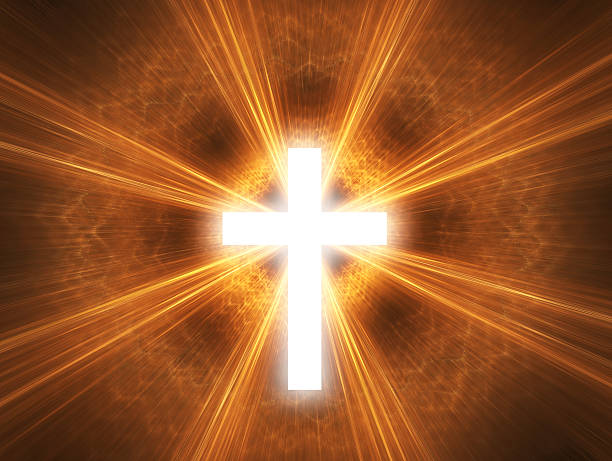 istock Glowing white cross on orange background 469882723