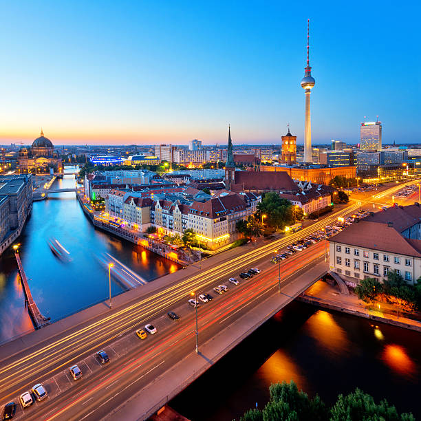Aerial View of the TV tower, Berlin town hall and Cathedral at dusk
