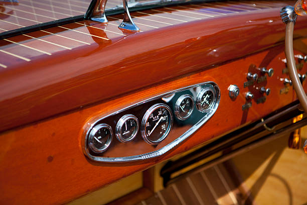 istock Dashboard of a classic wooden boat. 469892849