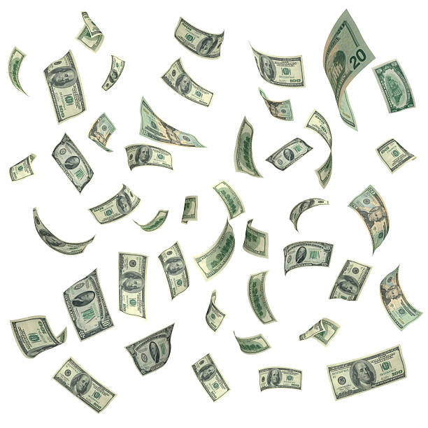 Falling American Currency on White Background US Currencies, $100, $20, $10 in various shape and angles. pennies from heaven stock pictures, royalty-free photos & images