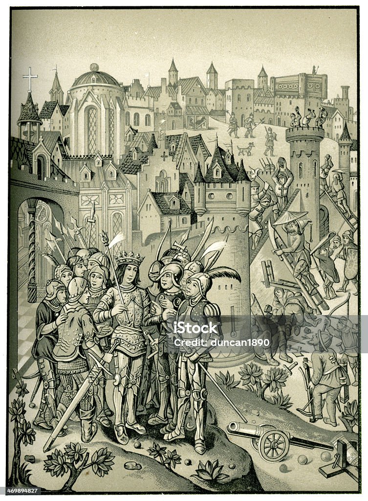 Medieval Siege Siege od a town defended by the Burgundians under Charles VI. Chroniques of Monstrelet, 1500 Burgundy - France stock illustration