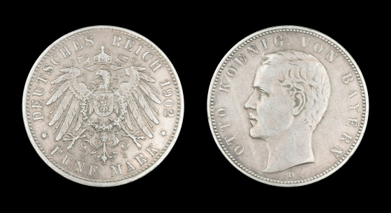 front and reverse composition of a 5-Mark-Coin, German Empire, 1902, isolated on black, the backside shows Otto King of Bavaria