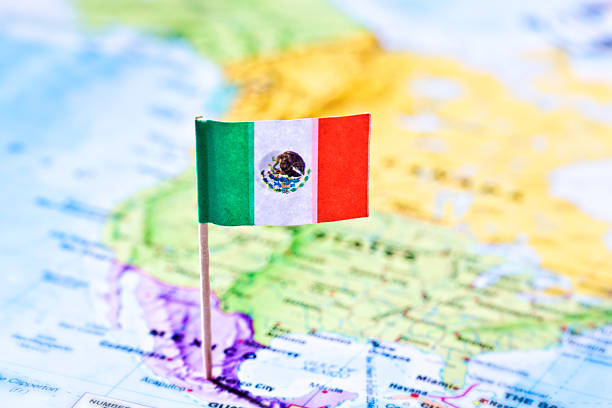 istock Mexican flag stuck into Mexico City on map 469895477