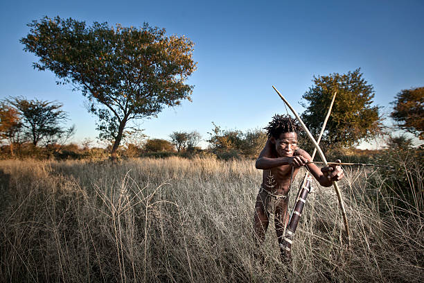 san hunter objetivos en una pequeña antelope. - bushman fotografías e imágenes de stock