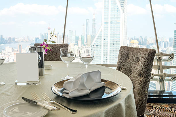 istock Modern restaurant interior with scenic city view 469899927
