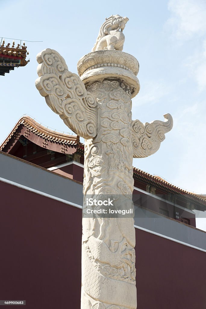 chinese ornamental pillars Huabiao is an ornamental or symbolic column erected in front of imperial palaces, city gates etc. This Huabiao is sited at the Gate of Heavenly Peace entrance to the Forbidden City at Tiananmen Square in Beijing Ancient Stock Photo