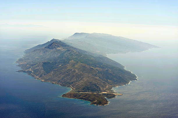 Aerial image of greek island Ikaria stock photo