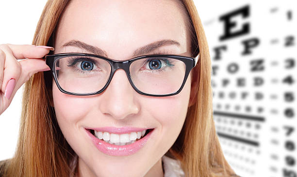 istock woman with glasses and eye test chart 469903169