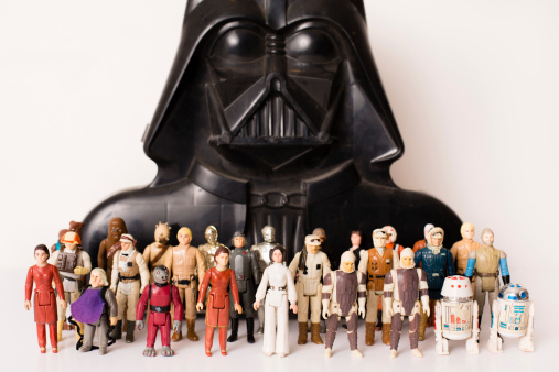 Kimball, MI, USA – November 10, 2012: A collection of 27 vintage Star Wars character figurines (dated from 1977-1980) and a Darth Vader storage case (dated 1980).