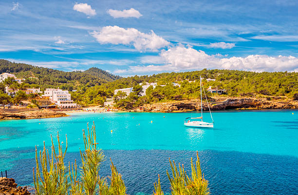 bela paisagem marinha em cala de portinatx (ibiza) - ilha de ibiza - fotografias e filmes do acervo