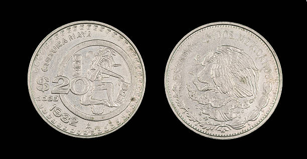 20- pesos, moneda, méxico, 1982 - moneda de veinte cinco centavos fotografías e imágenes de stock