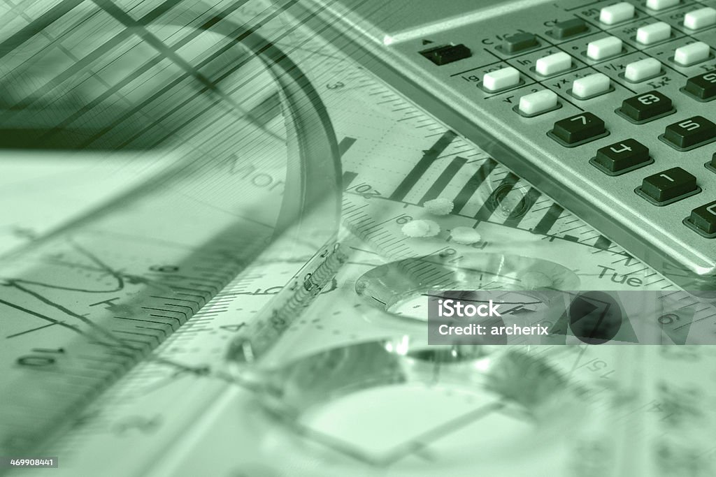 Contemporary business Business background in greens with calculator, ruler and graph. Abstract Stock Photo