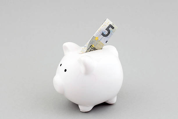 Piggy Bank With European Currency A white piggy bank with European currency (5 Euros). five euro banknote photos stock pictures, royalty-free photos & images