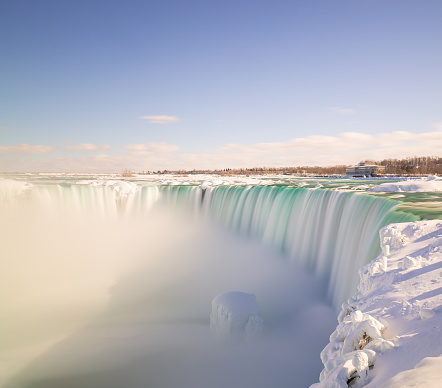 Frozen Niagara American Falls with landmark buildings from Niagara Falls City, New York State, in Feburary 2015.