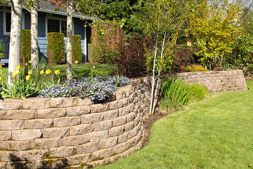 Cobblestone brick retaining wall in a well landscaped yard in the spring