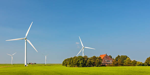 panoramiczny obraz gospodarstwo holenderski z turbin wiatrowych - netherlands windmill farm farmhouse zdjęcia i obrazy z banku zdjęć