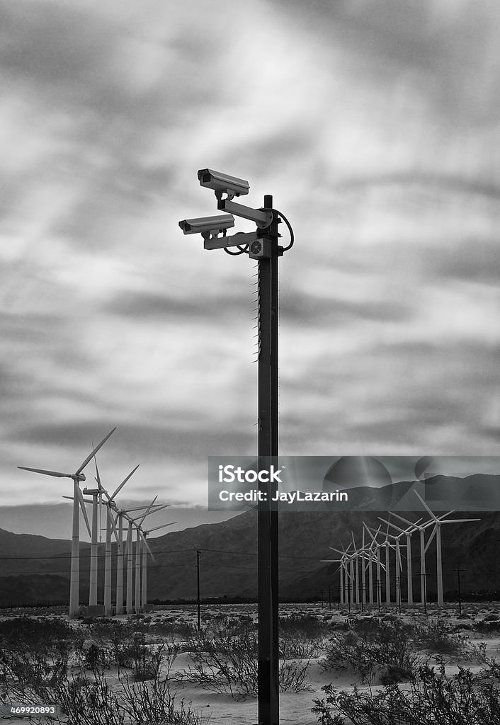 CCTV Surveillance cameras near Wind Turbines, Palm Springs, California, USA A set of CCTV Surveillance cameras seen near Wind Turbines of the San Gorgonio Pass Wind Park, Coachella Valley near Palm Springs, Southern California, Western USA. Wind Turbine Stock Photo