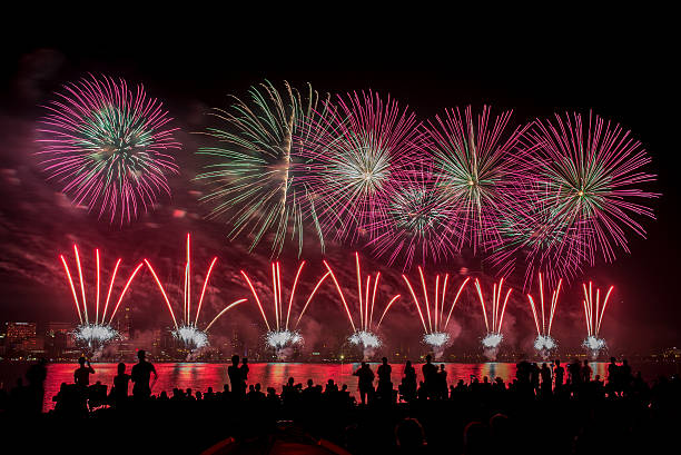 River fireworks display stock photo