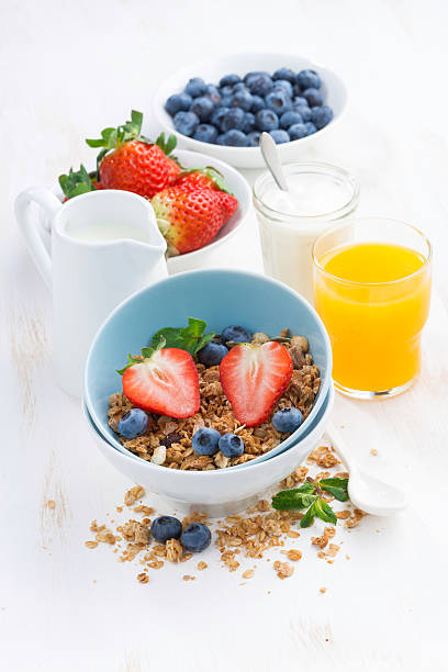 istock healthy breakfast - granola, fresh berries, orange juice 469927150